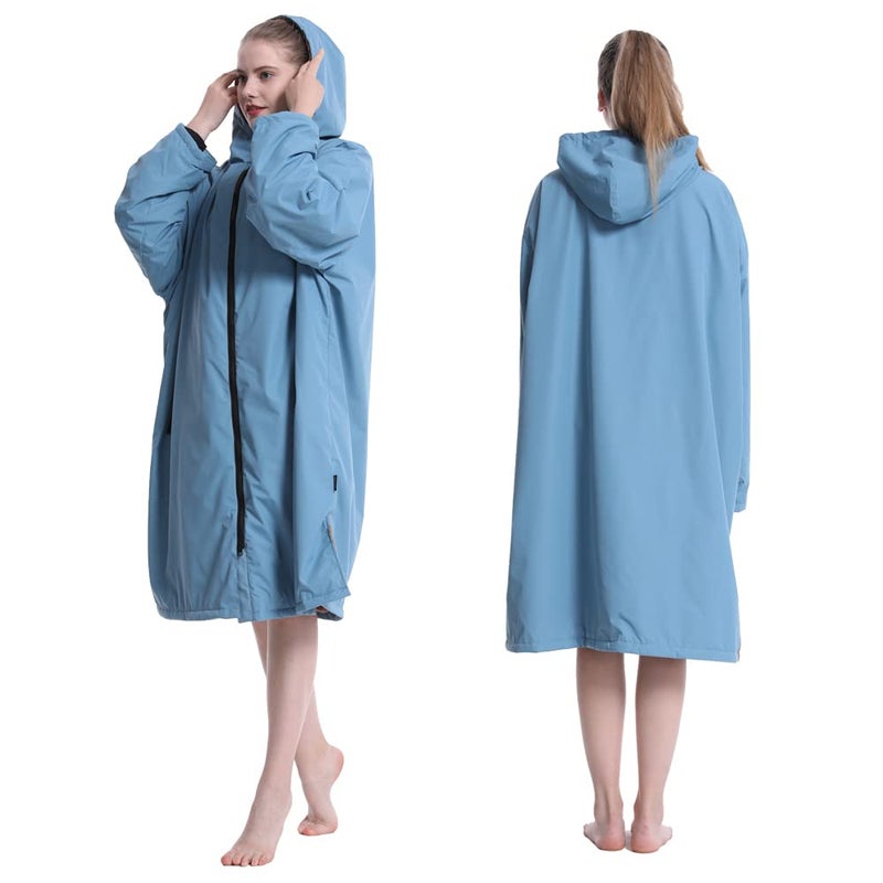 Hiturbo Warm Waterproof Swim Parka: Oversized Hooded Changing Robe - Sherpa Liner Swimming Coat - Recycled Fabric Surf Poncho (Blue) - Image 5